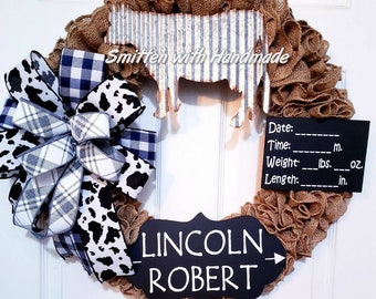 Farm Baby Shower Wreath, Rustic Burlap Cow Baby Wreath, Farm Boy Baby Cow Wreath, Bull Skull Baby Wreath. Hospital Door Wreath. Shower Gift