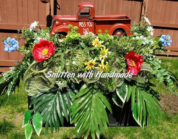 Red Truck Cemetery Saddle, Truck, Jeep or Tractor Monument Saddle, Fireman Cemetery Headstone Saddle, Military Jeep Headstone Decoration