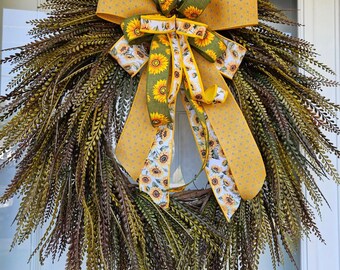 Fall Sunflower Fern Wreath, Front Door Decor, Interchangeable Bow, Double Door Fall Wreaths, Fall Button Fern Wreaths