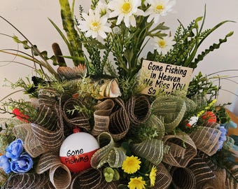 Fishing Cemetery Saddle, Memorial Headstone Arrangement, Gone Fishing Tribute