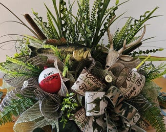 Deer Fishing Cemetery Saddle Arrangement, Hunting Fisherman Grave Decor