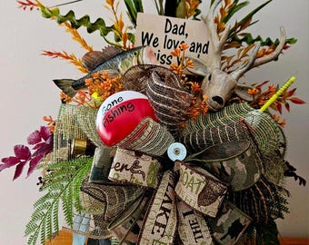 Hunting and Fishing Cemetery Vase, Fall Fishing and Deer Hunting Grave Vase Insert, Hunting and Fishing Fall Monument Vase Insert