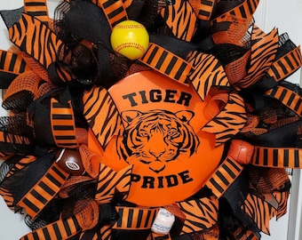 Tiger School Mascot Wreath, Tigers Orange and Black Wreath, Orange and Black School Door Wreath, Tiger Pride Wreath, Tigers Door Wreath