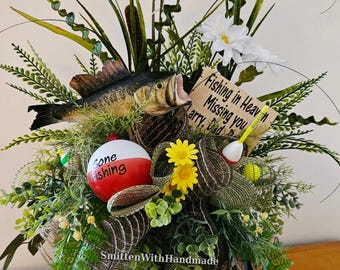 Fishing Cemetery Vase Insert in Wildflower/Bass Design, Fisherman Grave Flower Vase or Insert, Fall Fishing Vase, Fishing Memorial Day Grave