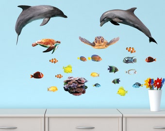 Fish Wall Decals Tropical Fish Wall Sticker Dolphin And Fish Decals Kids Bedroom Decor Game Room Decor Kids Room Mural Tropical (DolphinM)