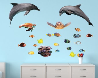 Dolphin Wall Decal Underwater Wall Mural Sea Creatures Wall Art Kids Bedroom Decor Bathroom Wall Stickers Dolphin Wall Art (DolphinF)