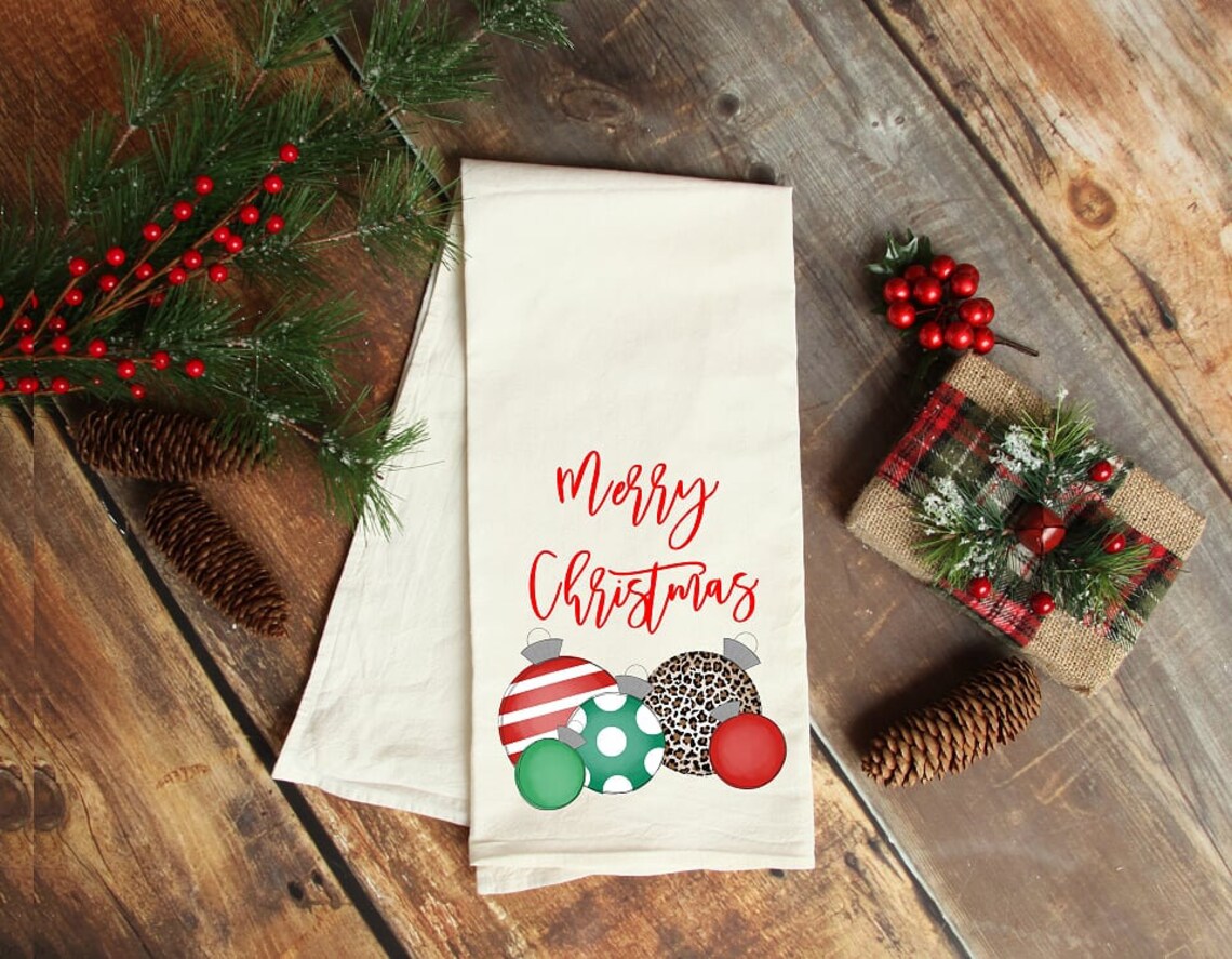 Merry Christmas Ornaments tea towel tea towels Christmas Etsy