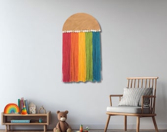 Decoración de pared infantil con diseño de arcoíris / Tapiz de fibra para habitación infantil / Arte de pared de hilo hecho a mano / Decoración Montessori / Arte de pared infantil colorido