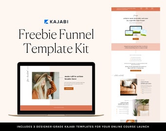 May include: A laptop computer screen displaying a website with the text "Freebie Funnel Template Kit" and a call to action button that says "Sign Up". The website is designed in a minimalist style with a light brown background and white text.