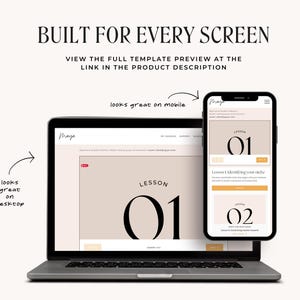 May include: A screenshot of a website showing a course template design. The template features a light brown background with a black and white number "01" and the word "Lesson" in black text. The website is viewed on a laptop and a mobile phone, showing how the template looks on different screen sizes.