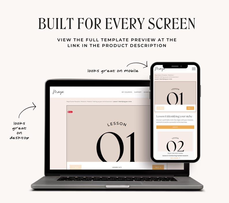 May include: A screenshot of a website showing a course template design. The template features a light brown background with a black and white number "01" and the word "Lesson" in black text. The website is viewed on a laptop and a mobile phone, showing how the template looks on different screen sizes.
