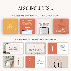 May include: A set of 10 Canva templates for social media marketing. The templates feature a minimalist aesthetic with a peach and cream color scheme. The templates include text such as "Share Your Wins!" and "Download the Course Workbook".