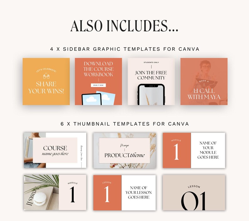 May include: A set of 10 Canva templates for social media marketing. The templates feature a minimalist aesthetic with a peach and cream color scheme. The templates include text such as "Share Your Wins!" and "Download the Course Workbook".