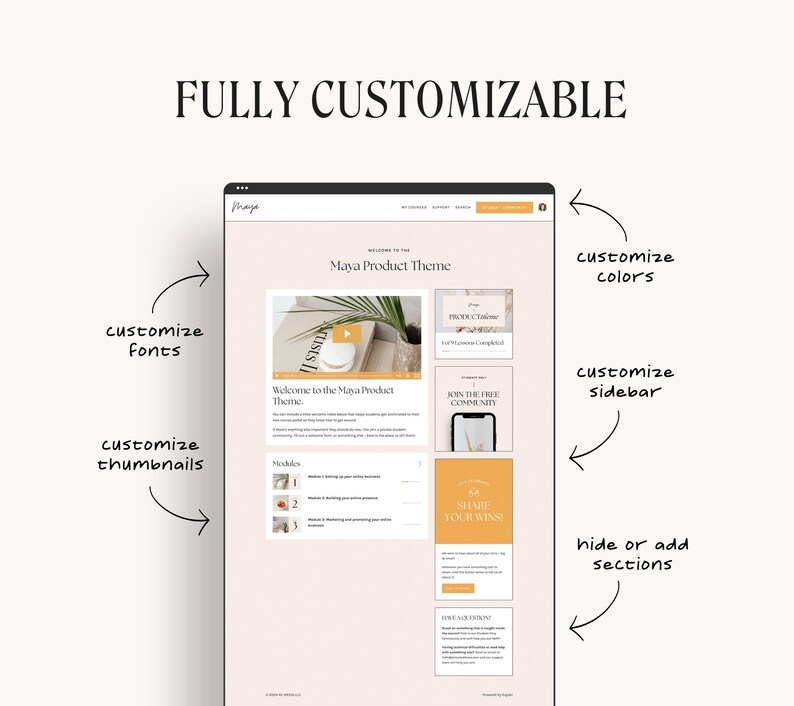 May include: A screenshot of a website showing a customizable product theme called "Maya Product Theme". The theme features a light pink background with a white text box that says "Welcome to the Maya Product Theme". The theme also includes a sidebar with options to customize fonts, thumbnails, colors, and sections.