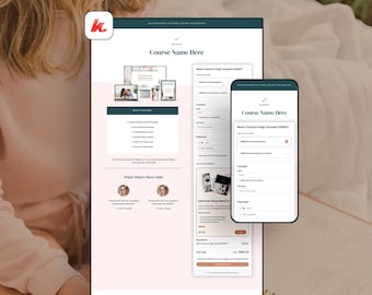 Puede incluir: Una maqueta de un sitio web y una pantalla de teléfono móvil que muestra una página de pago de curso. El sitio web tiene un encabezado verde azulado y un fondo rosa con el texto "Course Name Here". La pantalla del teléfono móvil muestra la misma página.