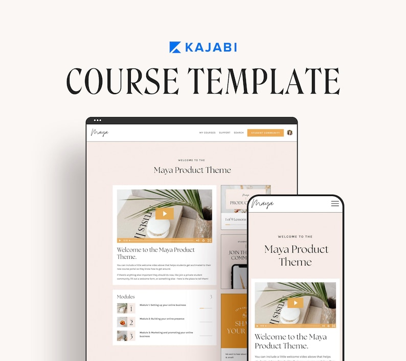 May include: A screenshot of a computer screen showing a website for an online course. The website is designed with a light pink background and features a video player with a play button. The text "Welcome to the Maya Product Theme" is displayed on the screen. The website also includes a section for modules, which are listed as "Module 1", "Module 2", and "Module 3".
