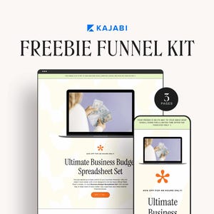 Può includere: Uno screenshot di un sito web che mostra un kit di funnel gratuito per un set di fogli di calcolo di budget aziendale. Il sito web ha un layout a 3 pagine e presenta un'icona a forma di stella arancione brillante. Il testo sullo schermo dice "Ultimate Business Budget Spreadsheet Set" e "40% di sconto per 48 ore solo!"