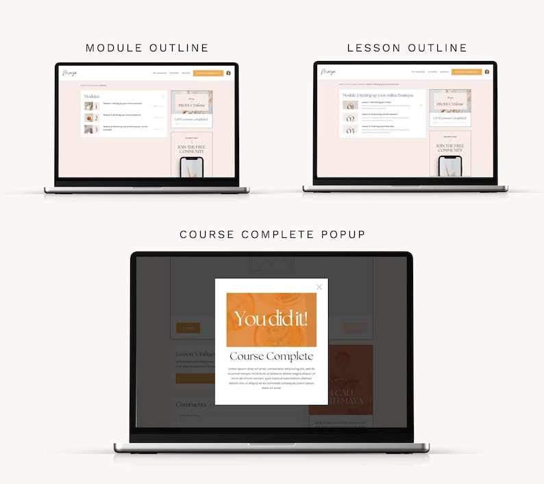 May include: A laptop screen displaying a course completion pop-up with the text "You did it!" and "Course Complete". The pop-up is on a light orange background with a white border. The laptop is on a white background.