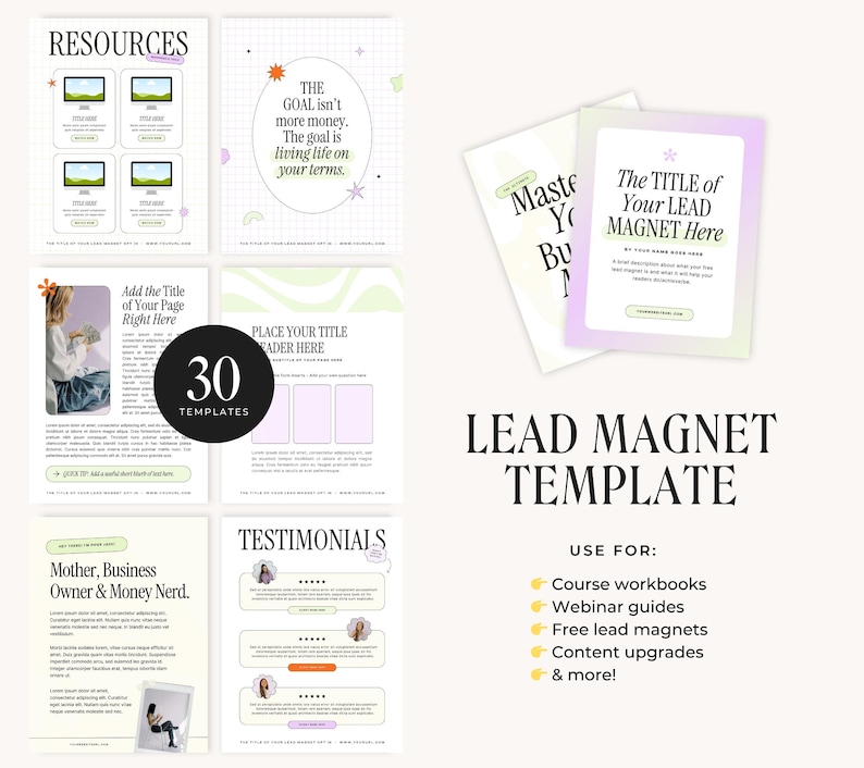 May include: A digital template for a lead magnet, with a green and white colour scheme. The template includes a title, a description, and a call to action. The text on the template reads "The GOAL isn't more money. The goal is living life on your terms." and "Master Your Business".