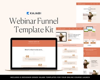 May include: A laptop computer screen displaying a webinar funnel template kit with the text "hooray! you're in!" and "Here's what to do next..." with numbered steps. The template kit includes three designer-grade Kajabi templates for online course launches.