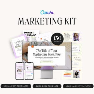 May include: A Canva marketing kit with 130 templates for social media posts, slide decks, and lead magnets. The kit features a variety of designs, including a pink and purple colour scheme with a star pattern. The text "The Title of Your Masterclass Goes Here" is displayed on a computer screen.