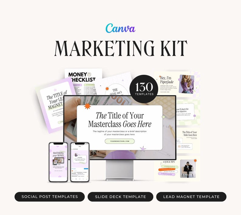 May include: A Canva marketing kit with 130 templates for social media posts, slide decks, and lead magnets. The kit features a variety of designs, including a pink and purple colour scheme with a star pattern. The text "The Title of Your Masterclass Goes Here" is displayed on a computer screen.
