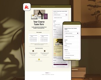 Puede incluir: Maqueta de diseño web en un ordenador de sobremesa y un smartphone, que muestra una página de pago de curso. La pantalla del ordenador muestra el nombre del curso, la descripción y las funciones incluidas. El teléfono muestra los detalles del pago.