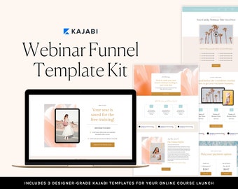 May include: A laptop screen displaying a website with a pink and peach background. The text on the screen reads "Your seat is saved for the free training!" and "Webinar Funnel Template Kit". The website is designed for an online course launch.