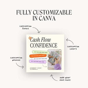 May include: A customisable social media graphic template for a cash flow confidence course. The template features a photo of hands holding cash, a title that says "Cash Flow Confidence", and a list of key features. The text "Comment 'Cash' to Enroll!" is also included.