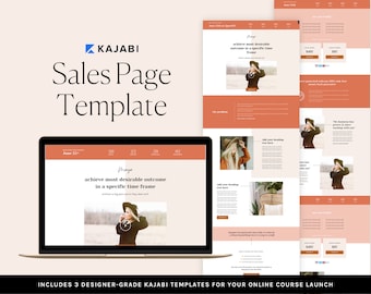 May include: A laptop computer displaying a website with a pink and white color scheme. The website features a woman wearing a black jacket and a hat, and the text "achieve most desirable outcome in a specific time frame". The website is titled "Sales Page Template" and includes the text "Kajabi".