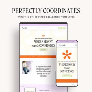 May include: A website screenshot featuring a pink and orange colour scheme with a white starburst design. The text "WHERE MONEY meets CONFIDENCE" is displayed in black text. The website is for a business coach for female business owners.