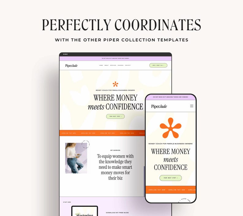 May include: A website screenshot featuring a pink and orange colour scheme with a white starburst design. The text "WHERE MONEY meets CONFIDENCE" is displayed in black text. The website is for a business coach for female business owners.