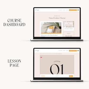 May include: Two laptop computer screens showing a website design for an online course. The first screen shows the course dashboard with the text "Maya Product Theme" and a video preview. The second screen shows a lesson page with the text "Lesson 01".
