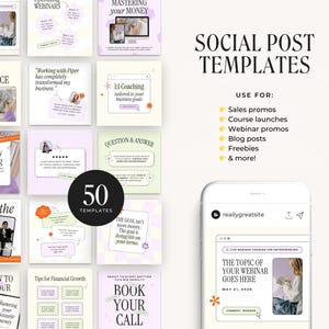 May include: A collection of 50 social media post templates for promoting sales, courses, webinars, blog posts, freebies, and more. The templates feature a pastel colour scheme with illustrations of flowers, money, and people. The text "SOCIAL POST TEMPLATES" is in a large, bold font at the top of the image. The text "USE FOR:" is followed by a list of bullet points describing the uses of the templates.