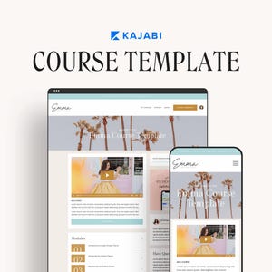 May include: A screenshot of a website showing a course template with the text "Emma Course Template" and a video of a woman in a yellow dress. The website is designed with a light blue and white color scheme and features a palm tree background.
