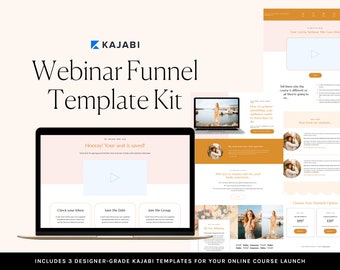 May include: A pink and white computer screen with the text "Hooray! Your seat is saved!" and three buttons labeled "Check your Inbox", "Save the Date", and "Join the Group". The screen is part of a webinar funnel template kit for online course launches.