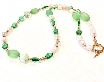 Long beaded necklace, long pearl necklace, green necklace, long gold necklace, chunky necklace