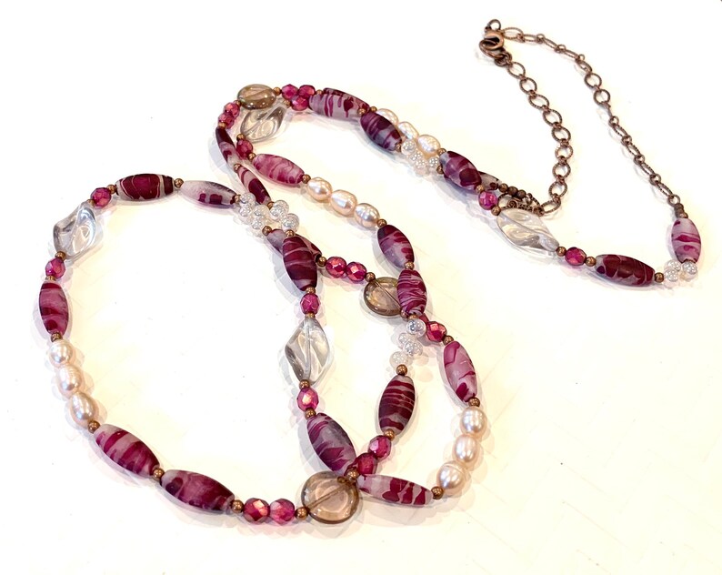 antique copper earrings and necklace long pearl necklace agate Extra long necklace set dark pink and copper necklace and earrings