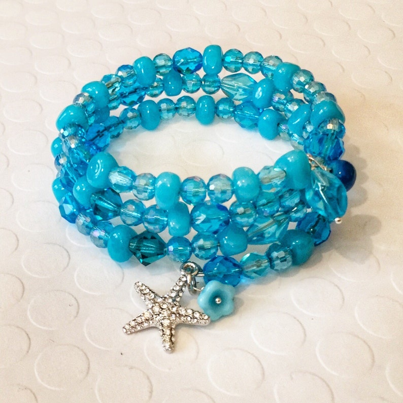 Ocean Blue Beaded Bracelet Aqua Blue Wrap Bracelet Blue Etsy