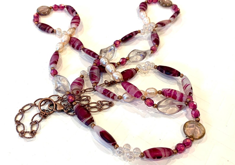 antique copper earrings and necklace long pearl necklace agate Extra long necklace set dark pink and copper necklace and earrings