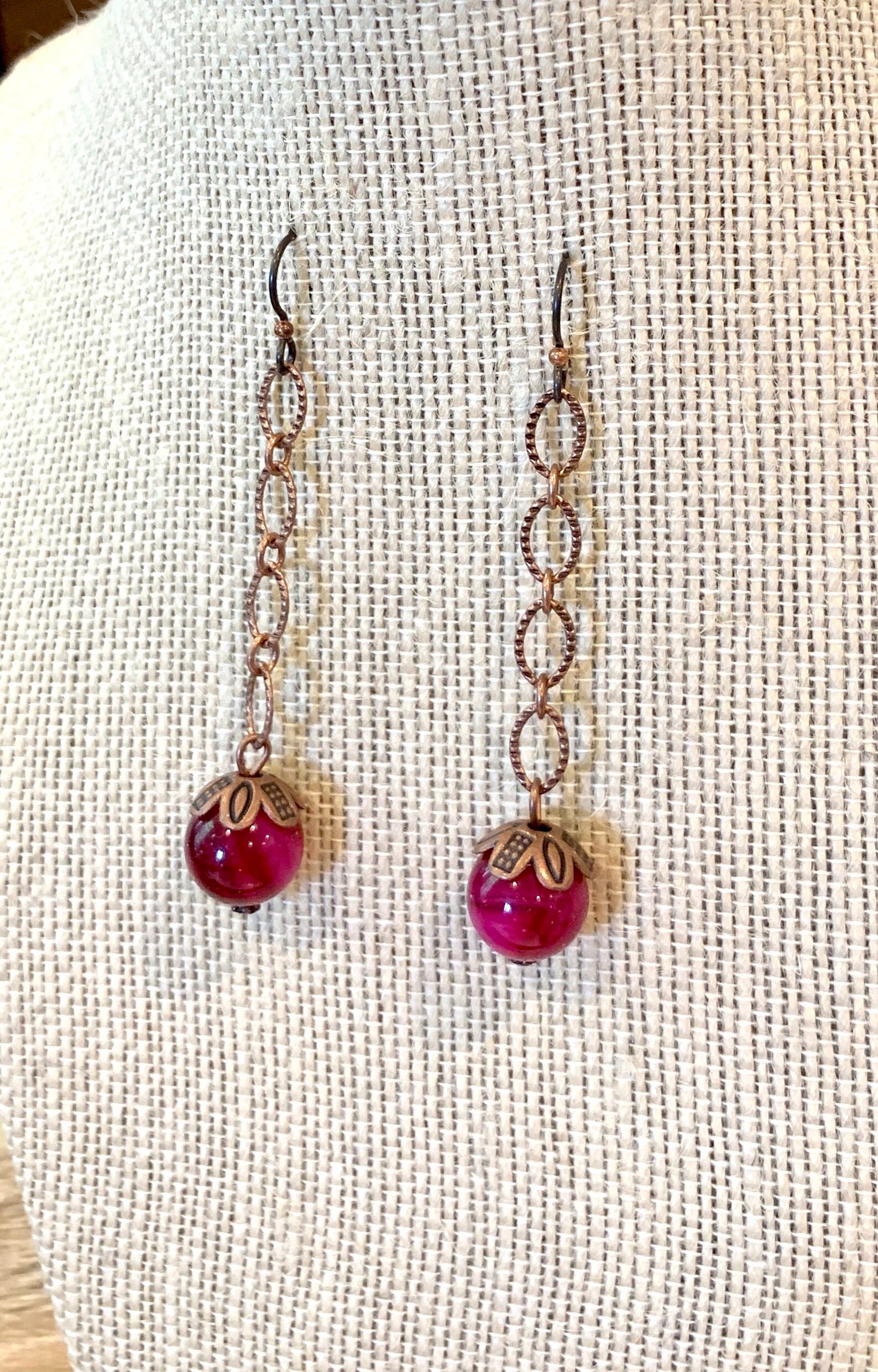 Long Chain Earrings, Antique Copper Earrings, Dark Pink Agate, Fuschia