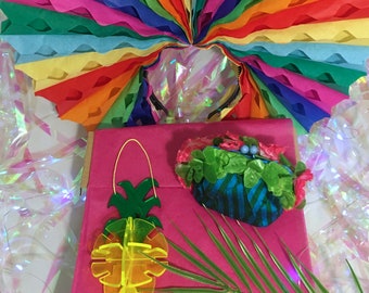 Tropical Gift Box - Foldable Rainbow Headpiece - Floral Silk Purse - Neon Pineapple Decoration