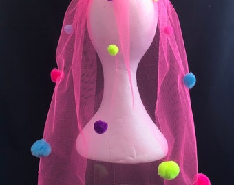 Neon/Pastel Pom Pom Wedding Veil - Alternative Festival Bride - Hen Party