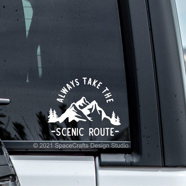Always Take the Scenic Route car window sticker. Off-road adventure decal. Hiking and camping sticker. Multiple color options available.