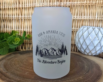 Personalized The Adventure Begins  Frosted 13 or 18 oz Glass Can | Mountain Wedding | Beer Glass | Adventure Elopement | Micro Wedding