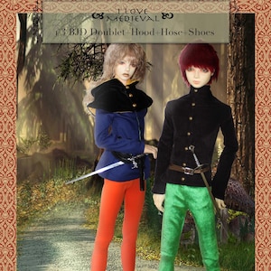 Patrones de costura en PDF para muñecas BJD 1/3 de estilo medieval: jubón, capucha, medias y zapatos.