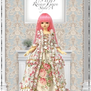 May include: A doll wearing a Rococo gown, Style A, with a pink wig. The gown features a floral pattern with pink roses and white accents. The text "1/3 BJD Rococo Gown Style A" is displayed above the doll.