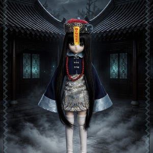 Könnte beinhalten: Eine 1/4 MDD BJD-Puppe in einem Qing-Stil Zombie-Kleid, bestehend aus einer dunkelblauen Jacke mit hellblauen Manschetten, einem gemusterten silbernen Rock, weißen Strümpfen, schwarzen Schuhen, einer roten Perlenkette und einem Hut mit gelbem Papiertalisman.