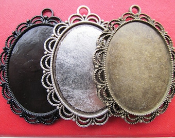 30x40mm Pendant Tray, Bezel Setting, 30x40mm Cabochon Tray - Antique Bronze,Antique Silver, Black