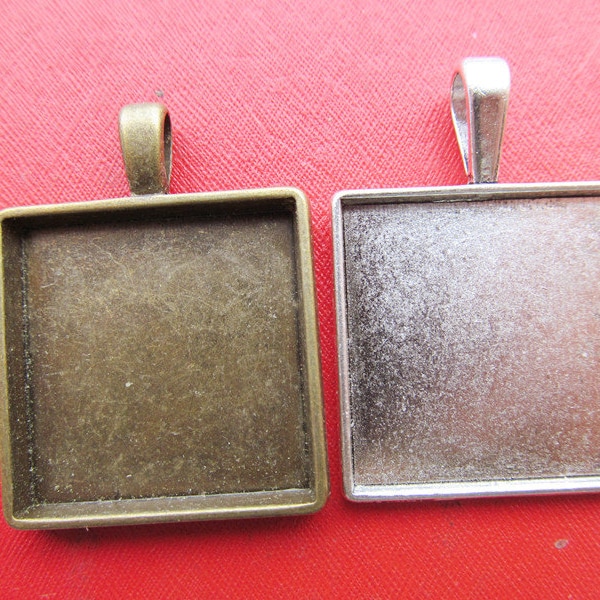 25mm Square Pendant Tray, Bezel Setting,Cabochon Tray - Antique Bronze,Antique Silver